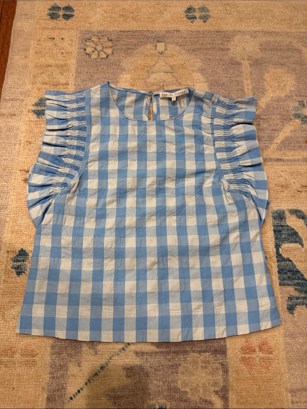 Smocked Gingham Flutter Sleeve Top - Blue